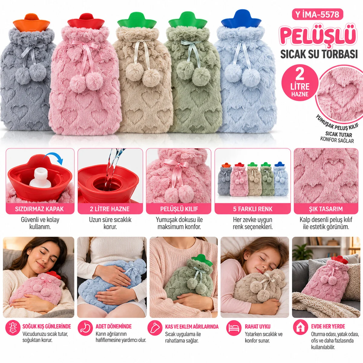 Peluşlu Sıcak Su Torbası Renkli 2LT - Herhangi Bir Renk Gönderilir