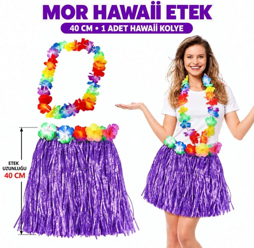 Luau Aloha Mor Hawaii Etek 40 cm ve 4’lü Hawaii Seti