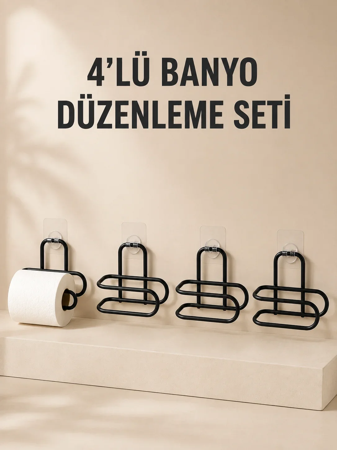4 Adet Yapışkanlı Tuvalet Kağıdı Askısı Siyah Metal Delmeden Duvara Monte WC Kağıtlık