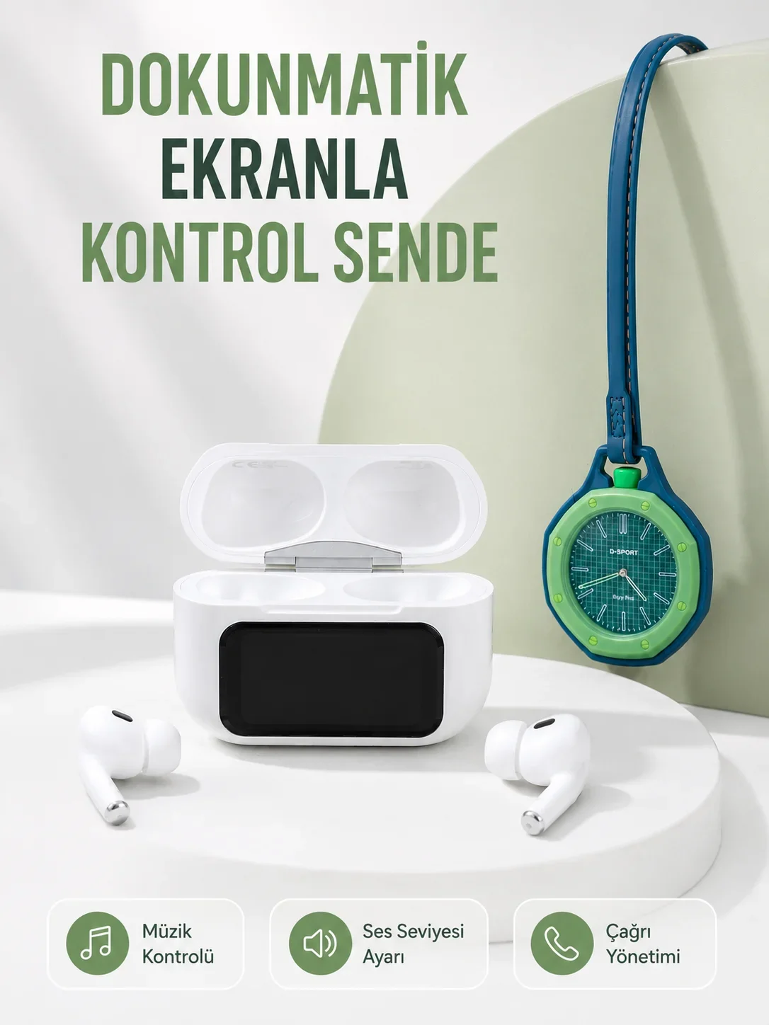 Bluetooth 5.4 Kablosuz Kulaklık Yeşil Askılı og Charm Saat İkili Set