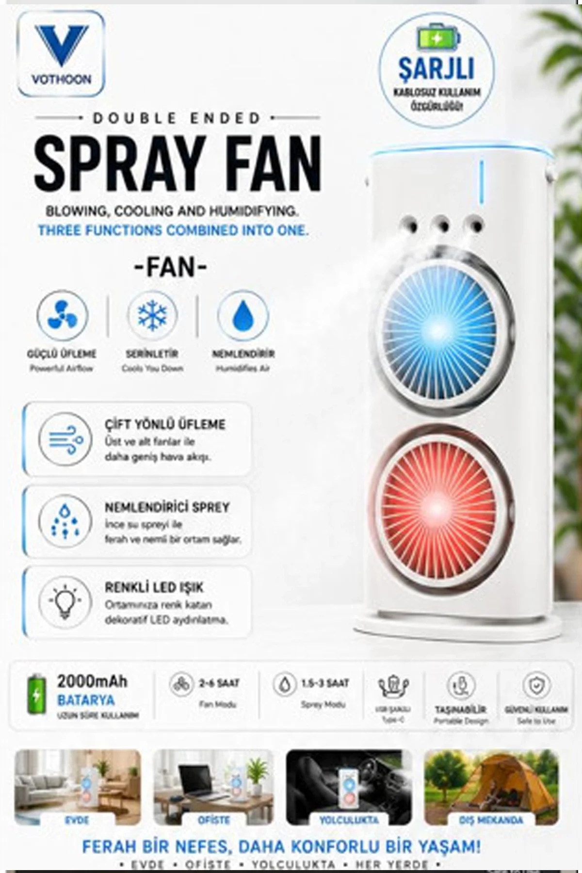Vothoon Çift Başlıklı Sprey Fan Nemlendirici ve Renkli LED Işıklı beyaz görsel 2