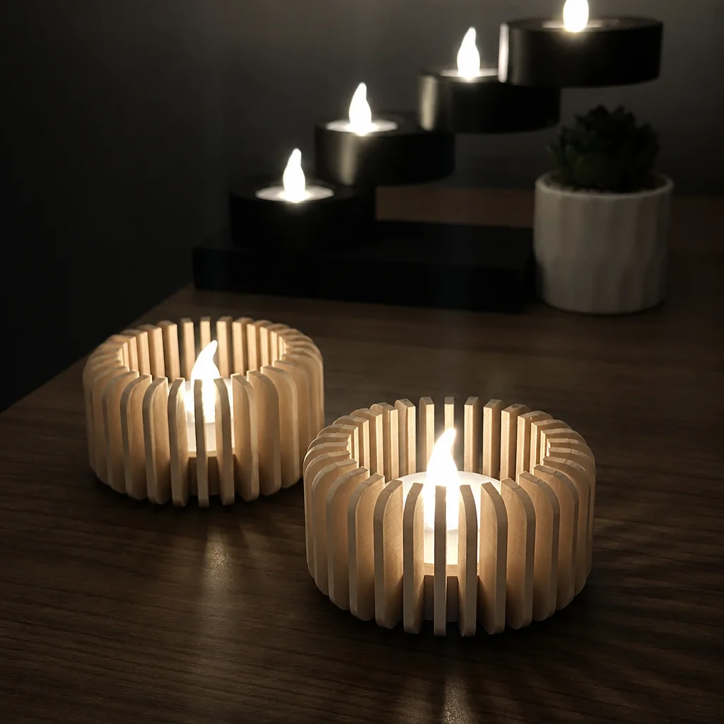 3D Baskı Modern Çizgili Mumluk - Tealight Mumluk (1 Adet)-Bej görsel 3