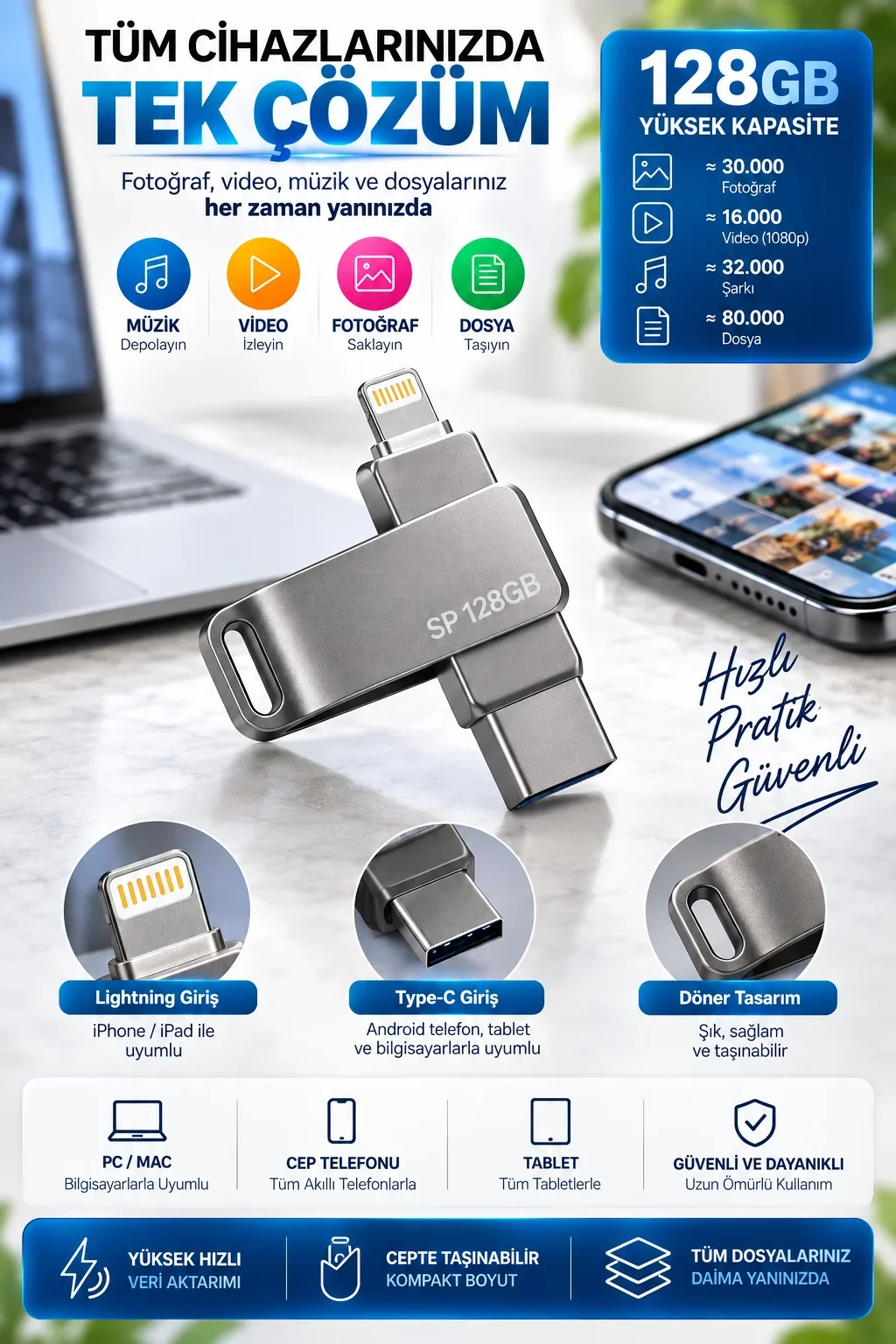 Çoklu Girişli 128GB Lightning Type C USB Flash Bellek Telefon Tablet ve Bilgisayar Uyumlu