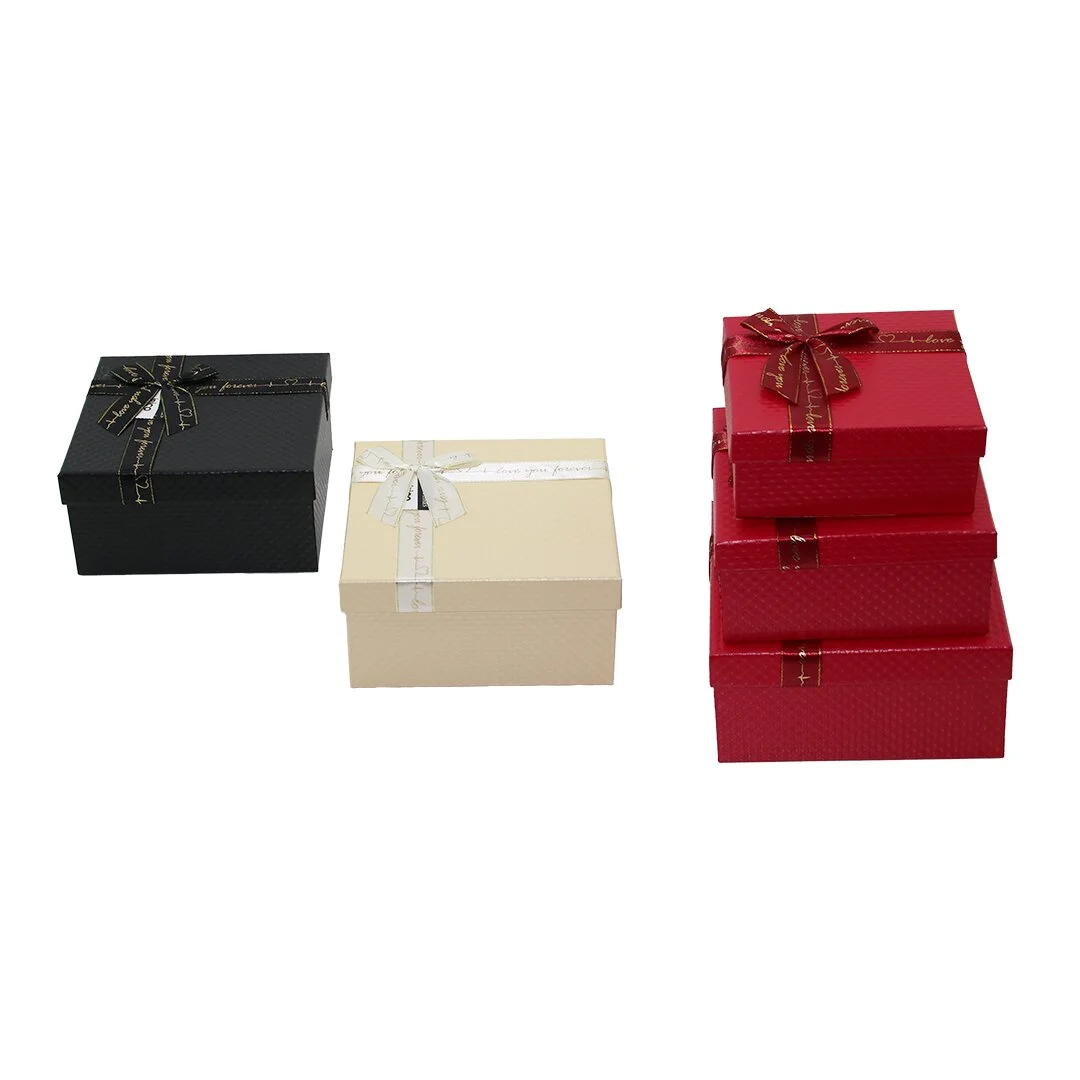 3PCS Kare Mat Mix Renkli - Kabartma Desen Karton Hediye Kutusu Kurdelalı 19-17-15CM