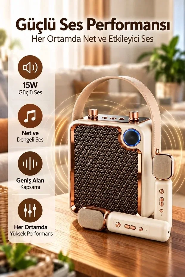 Bluetooth Karaoke Hoparlör 2 Mikrofonlu Taşınabilir Şarjlı Müzik Seti Ses Değiştirme Özl görsel 2