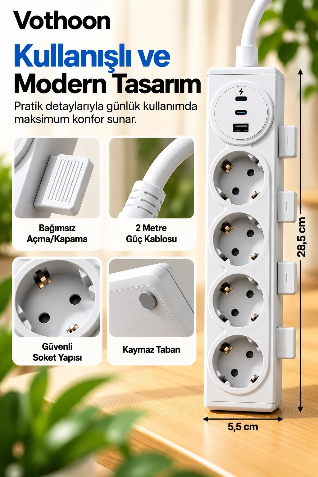 Vothoon 4’lü Akıllı Priz Tek Dokunuşla Fiş Çıkarma 2 Metre Kablo 2 Type-C + USB 15W Hızlı Şarj 3680W Krem görsel 2