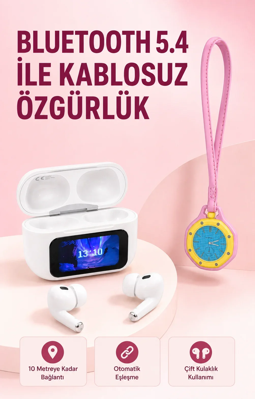 Bluetooth 5.4 Kablosuz Kulaklık Pembe Askılı og Charm Saat İkili Set