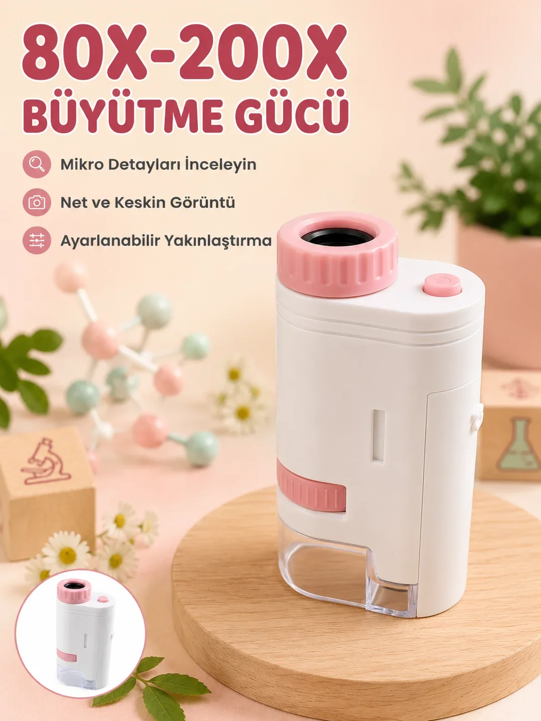 Eğitici Taşınabilir kroskop Ayarlanabilir Focus, LED Işık ve 80X-200X Yakınlaştırma