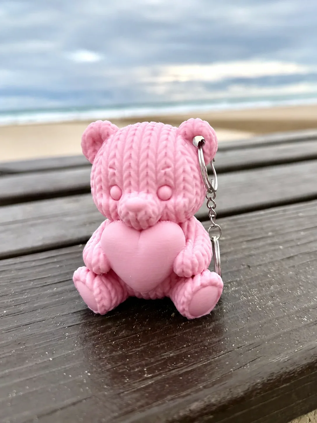 3D Baskı Kalpli Örgü Ayıcık Anahtarlık - Sevimli Çanta Süsü-Pembe görsel 2