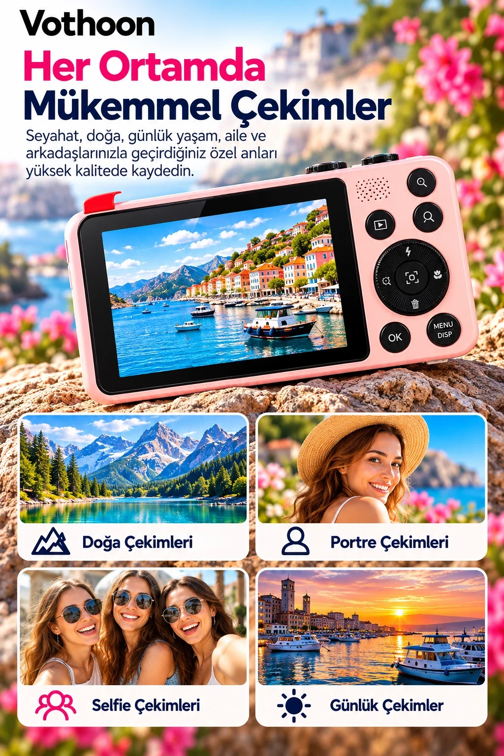 4K Dijital Fotoğraf Makinesi 18X Dijital Zoom 64 MP Ön ve Arka Ekranlı Kompakt Kamera Pembe görsel 4
