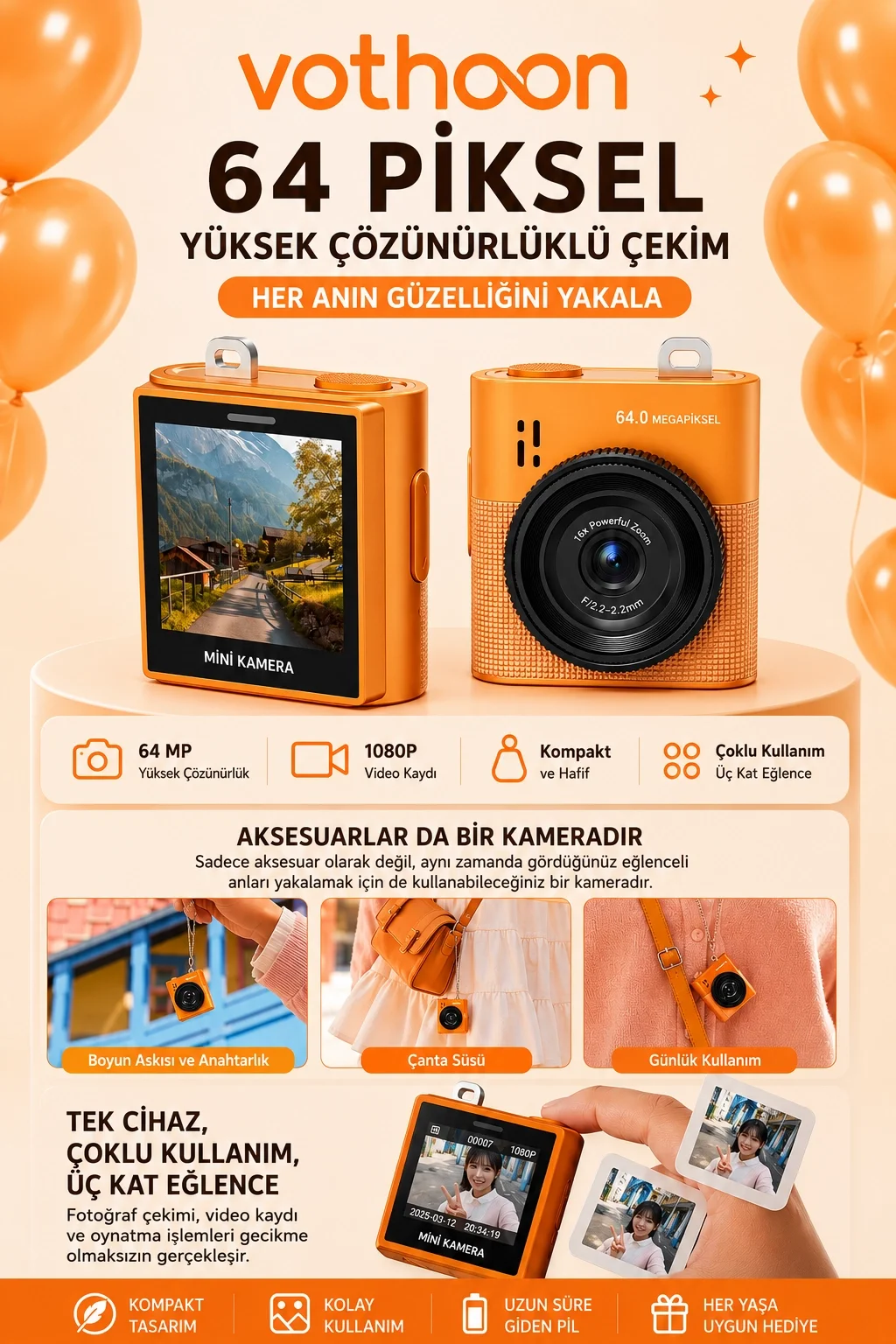 Mini Dijital Kamera 64MP 16x Digital Zoom Retro Vintage 1.4’’Ekranlı Video Kamera Taşınabilir Tasarım Turuncu