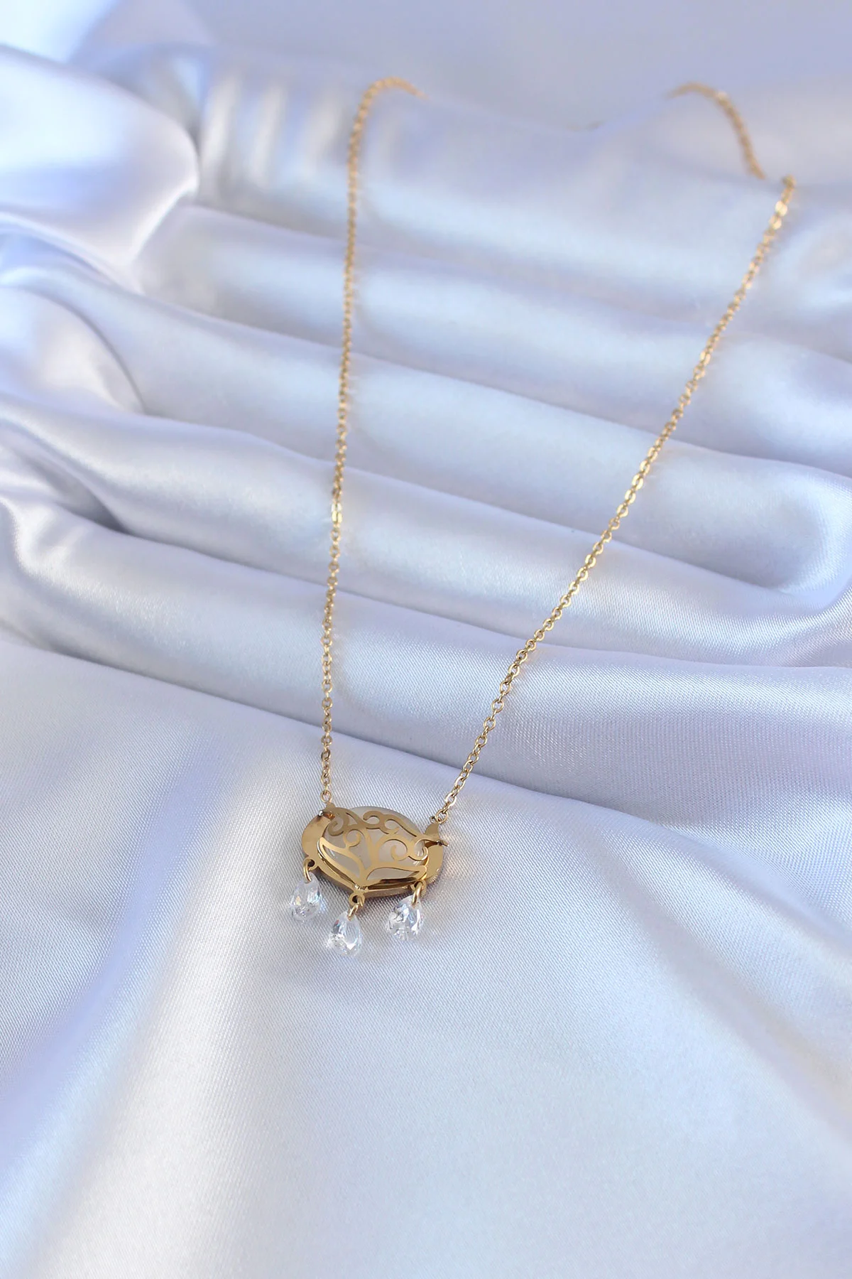 316L Çelik Gold Renk Lotus Model Zirkon Taşlı Kadın Kolye görsel 2