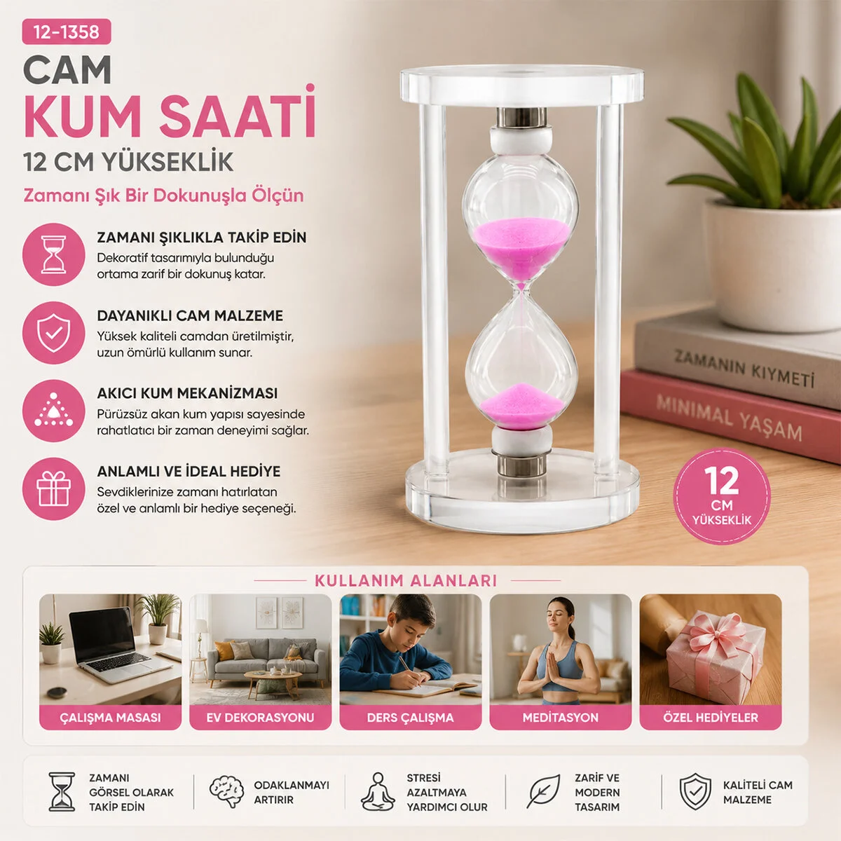 Orta Cam Kum Saati Cam Standlı= Çap: 6.8CM-YÜKSEKLİK: 12CM görsel 2
