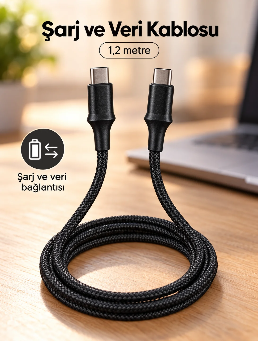 Type C to Type C LED Işıklı Şarj Kablosu 1,2 Metre görsel 3