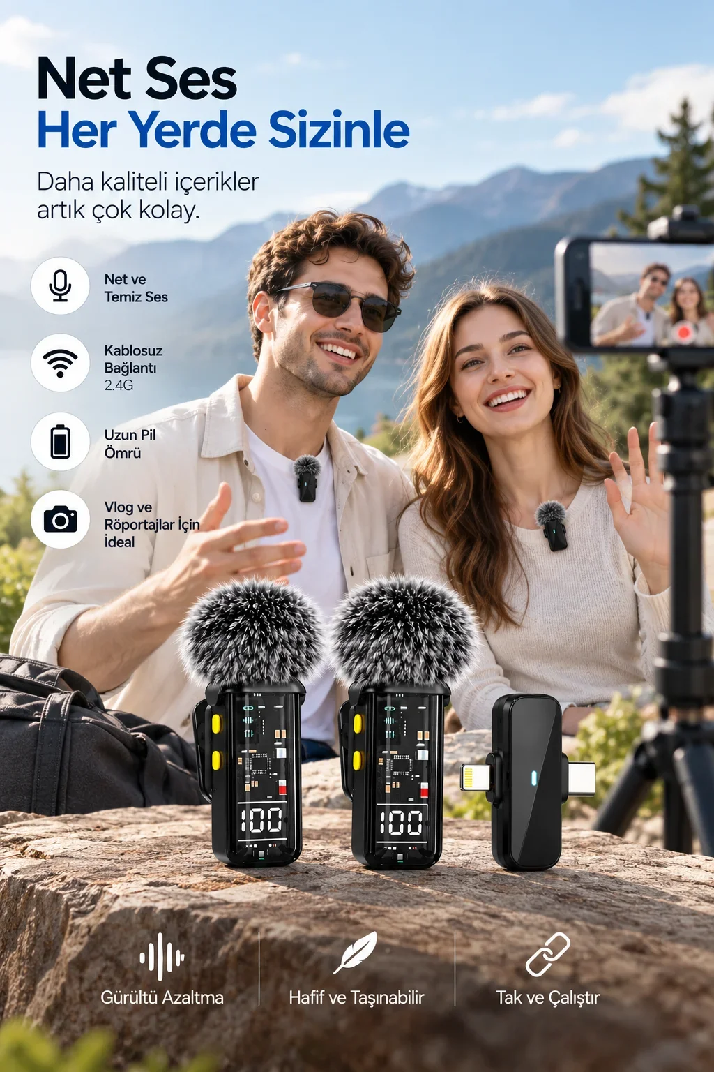 2.4G Kablosuz Çift Mikrofonlu Yaka Mikrofonu İçerik Üretim Seti