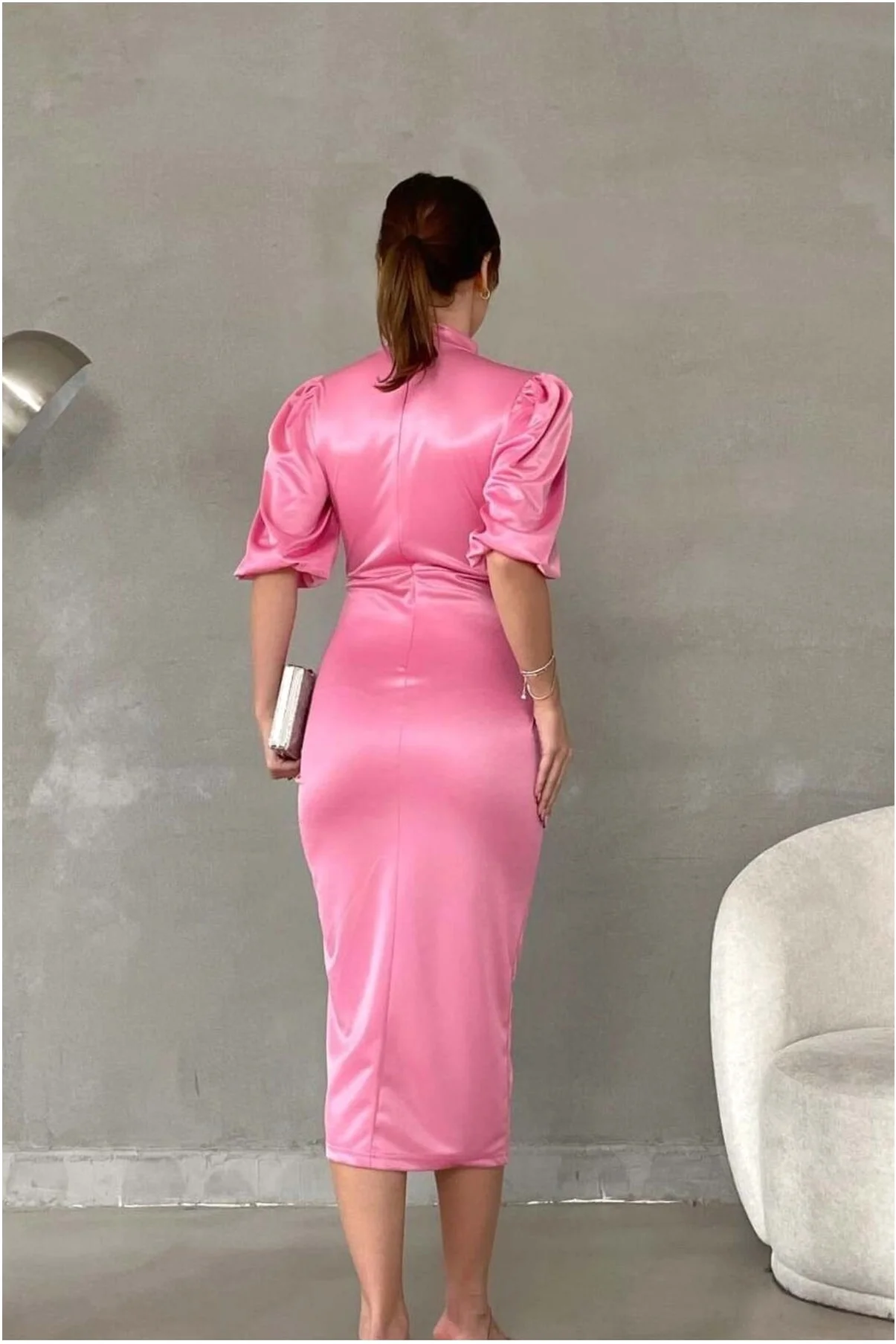 Saten Yırtmaçlı Elbise Yaka Maxi Abiye Kumaş Balıkçı görsel 2