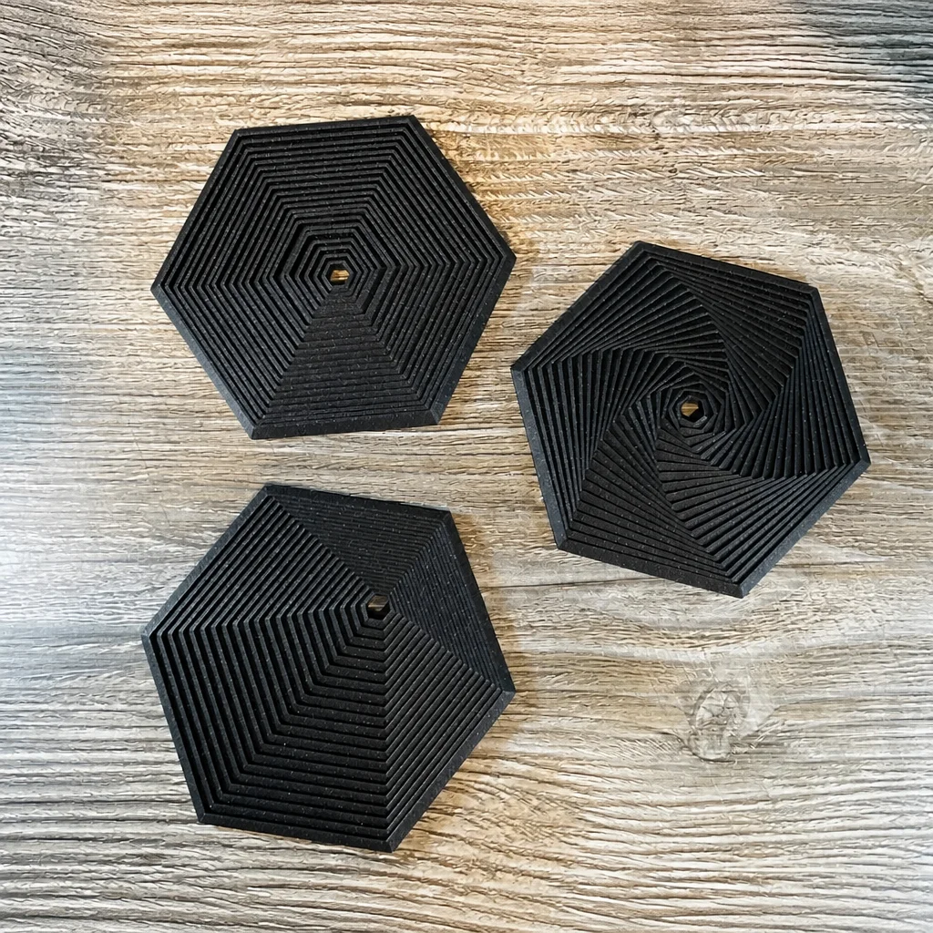 3D Baskı Super Fidget Coaster Seti - Altıgen Desenli Bardak Altlığı ve Tutucu-Siyah görsel 2