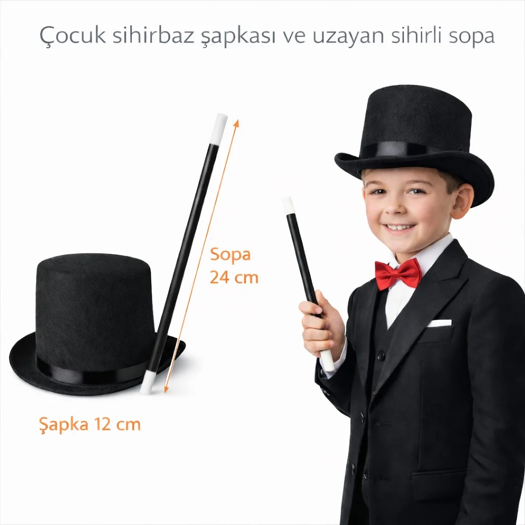 Çocuk Sihirbaz Şapkası ve Uzayan Yaylı Sihirli Sopa Seti görsel 2