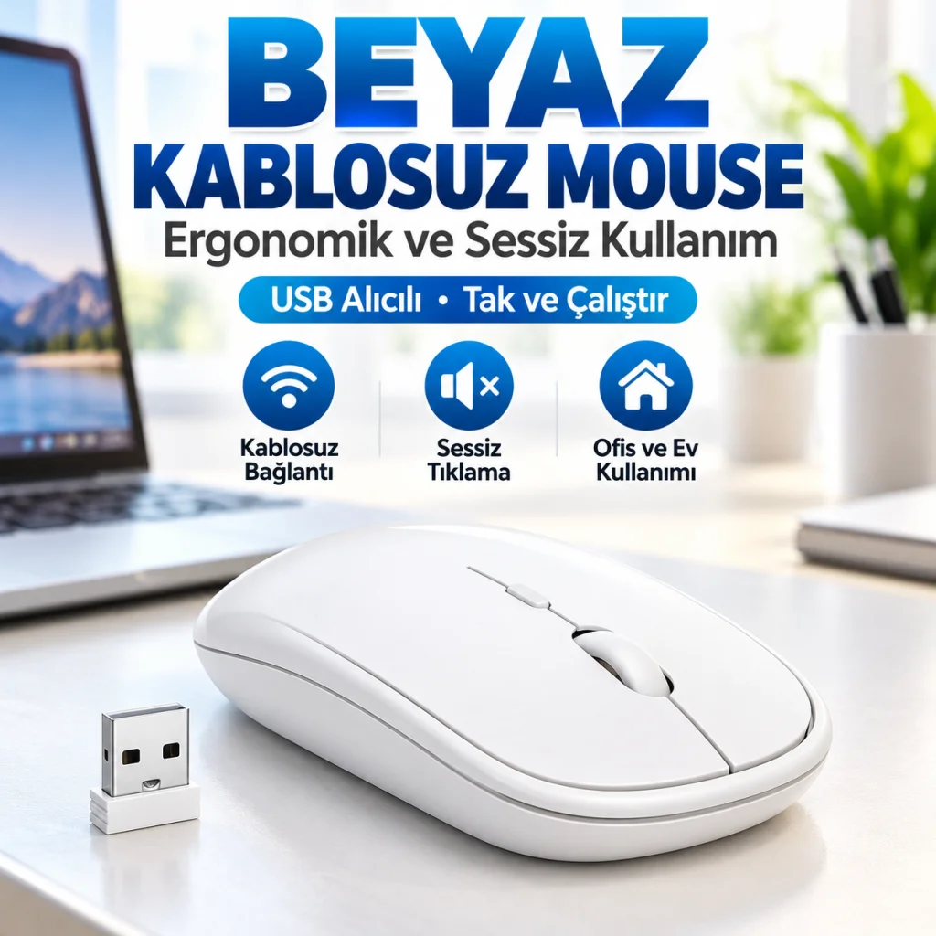 Beyaz Renkli Ergonomik Sessiz Kablosuz Mouse – USB Alıcılı, Ofis ve Oyun İçin Konforlu Bilgisayar Faresi MS6310