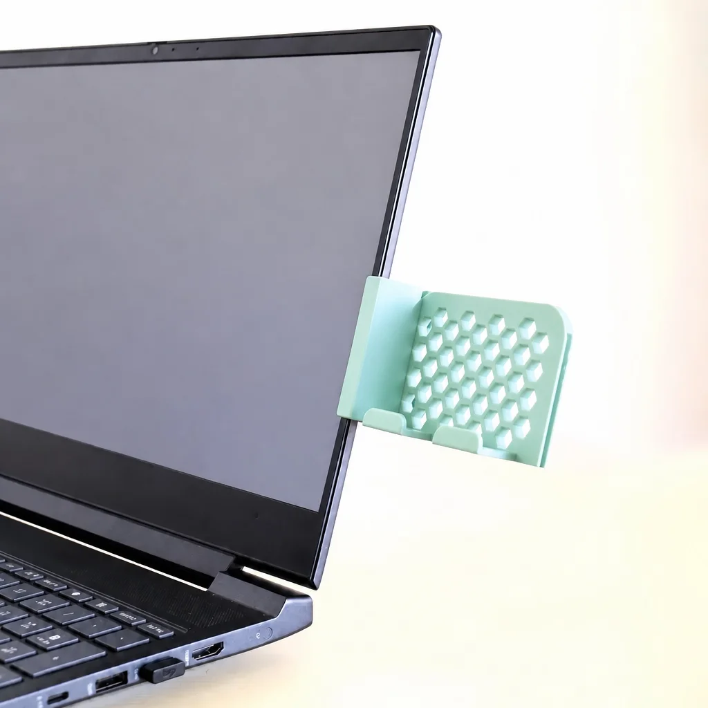 3D Baskı Monitor Telefon Tutucu - Petek Desenli Laptop Kenar Telefon Tutucu-Mint görsel 2