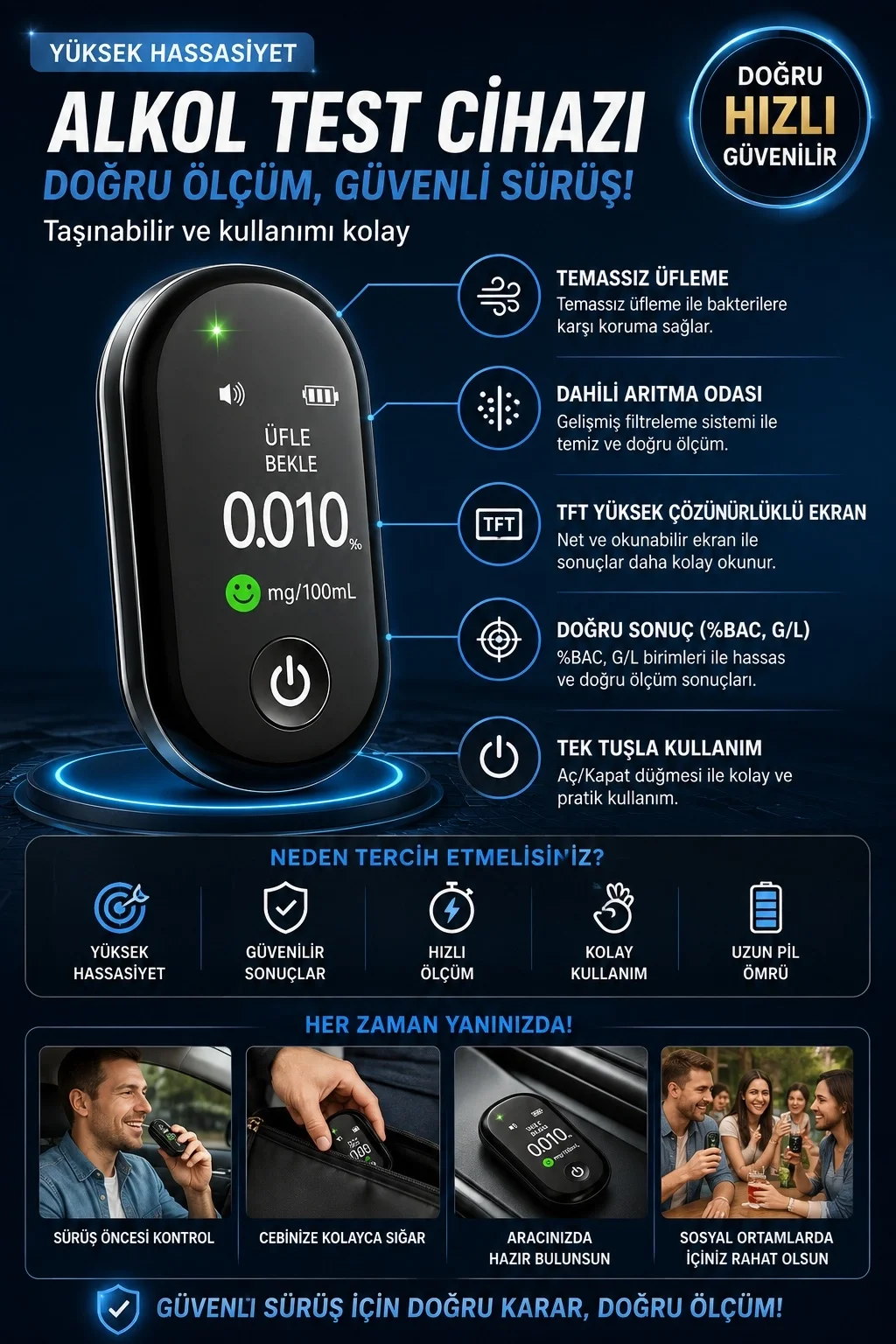 A8 Dijital Alkolmetre Type-C Şarjlı Taşınabilir Nefes Ölçüm Cihazı sesli bilgilendirme görsel 3