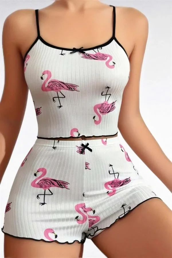 Pamuklu Beyaz Üstüne Pelikan Desen Fitilli Askılı Şortlu Pijama Takımı görsel 2