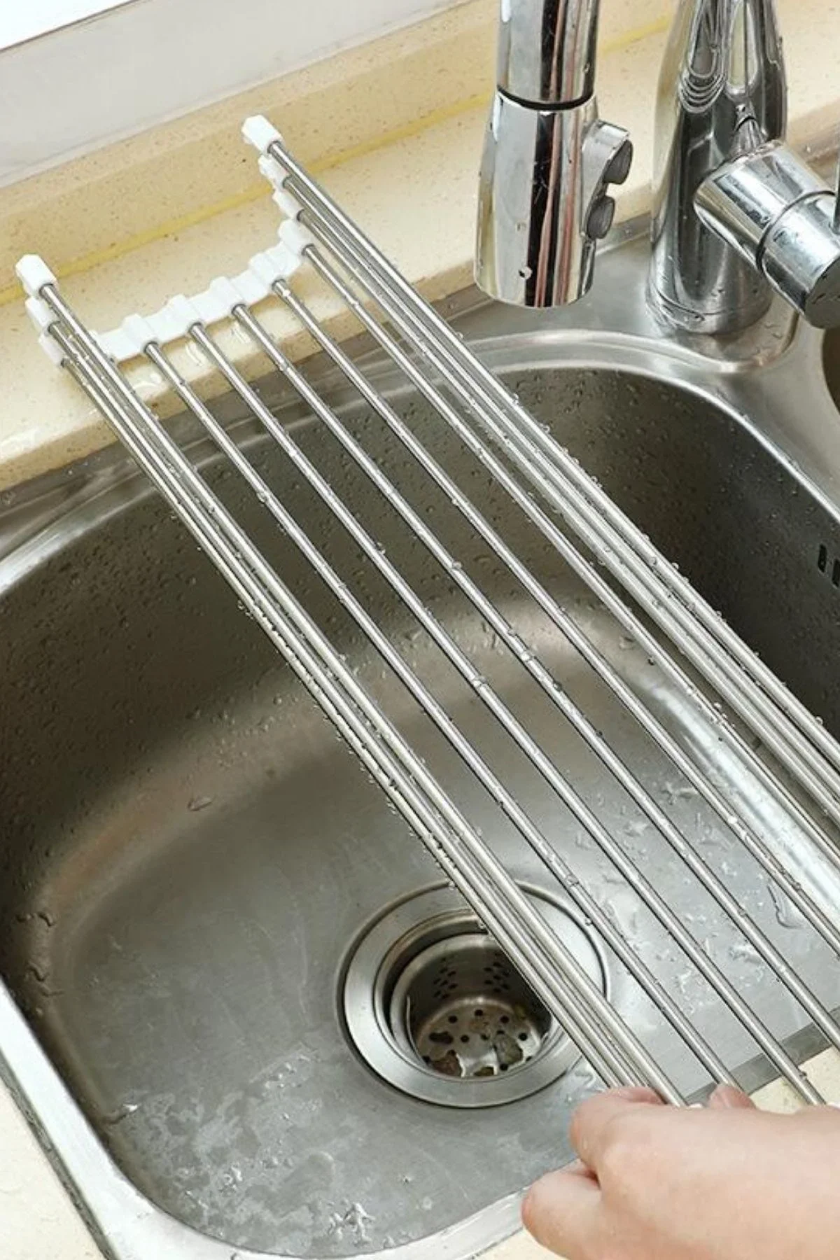 Evye Üstü Katlanır Nihale Paslanmaz Çelik Pratik Sebze Meyve Bulaşık Kurutma Süzgeci görsel 6
