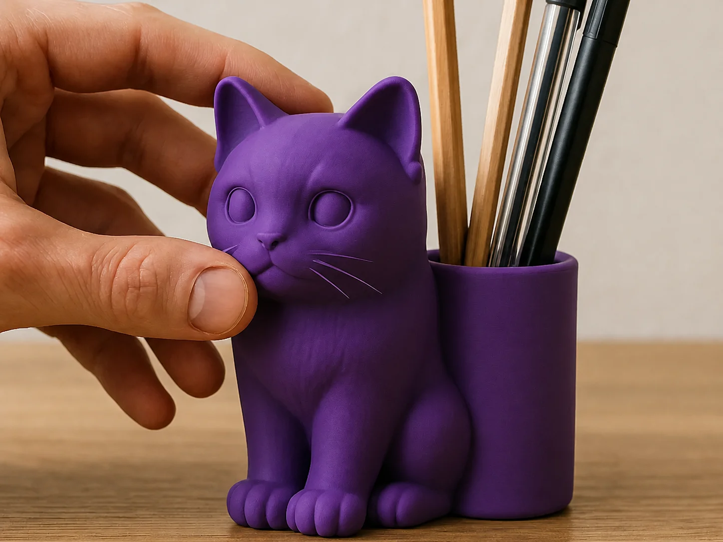 3D Baskı Kedi Figürlü Kalemlik - Masaüstü Organizer - Mor