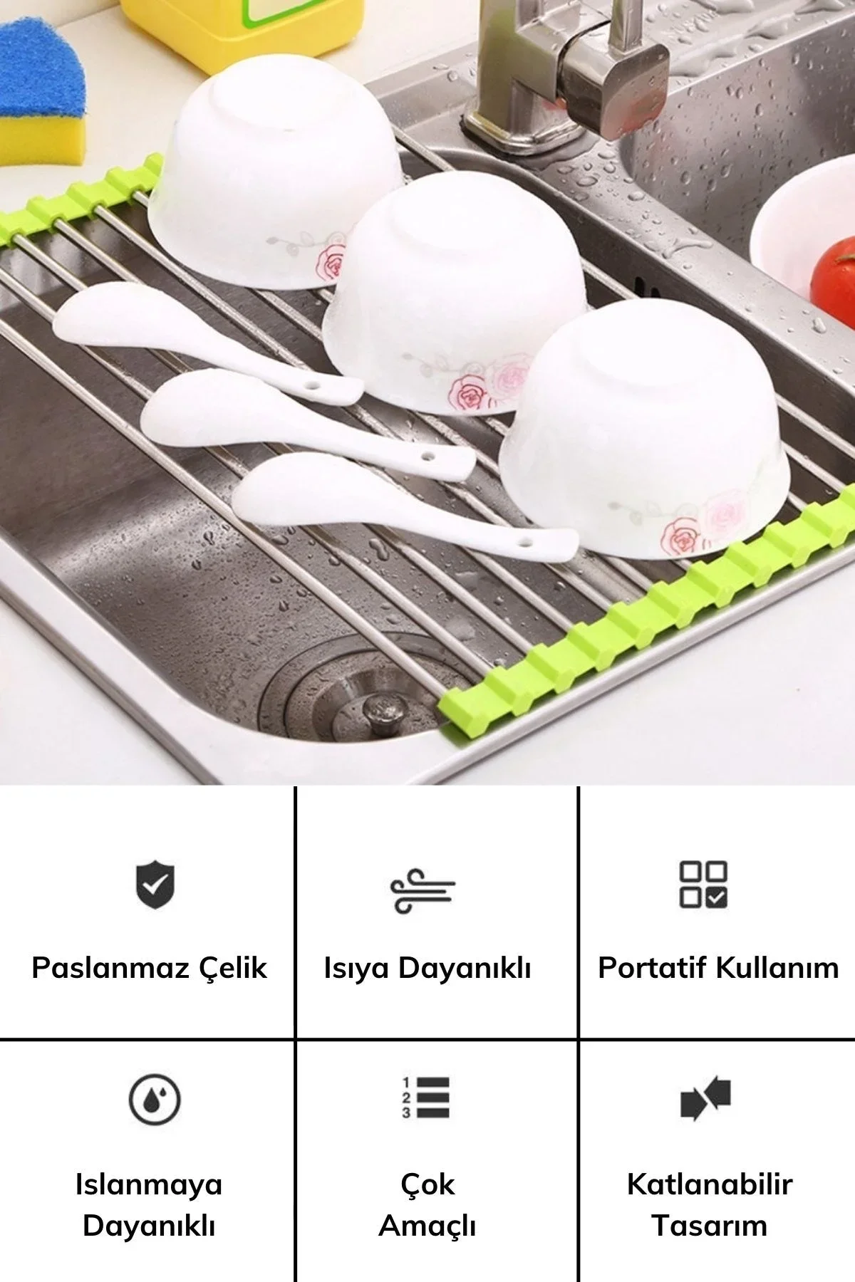 Evye Üstü Katlanır Nihale Paslanmaz Çelik Pratik Sebze Meyve Bulaşık Kurutma Süzgeci görsel 2