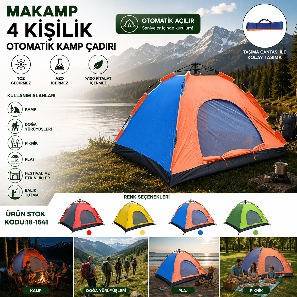 Otomatik Kamp Çadırı 4 Kişilik 200x200x135 Toz Geçirmez görsel 2