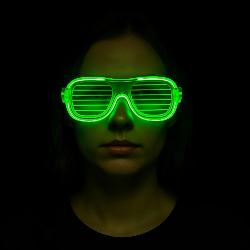 Yeşil LED Işıklı Parti Gözlüğü – Neon Glow Şerit Gözlük 3 Modlu görsel 3