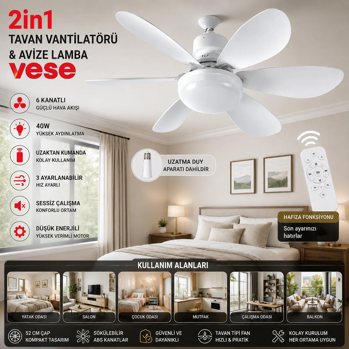 6 Kanatlı Kumandalı 2in1 Tavan Vantilatör Avize 40W görsel 2