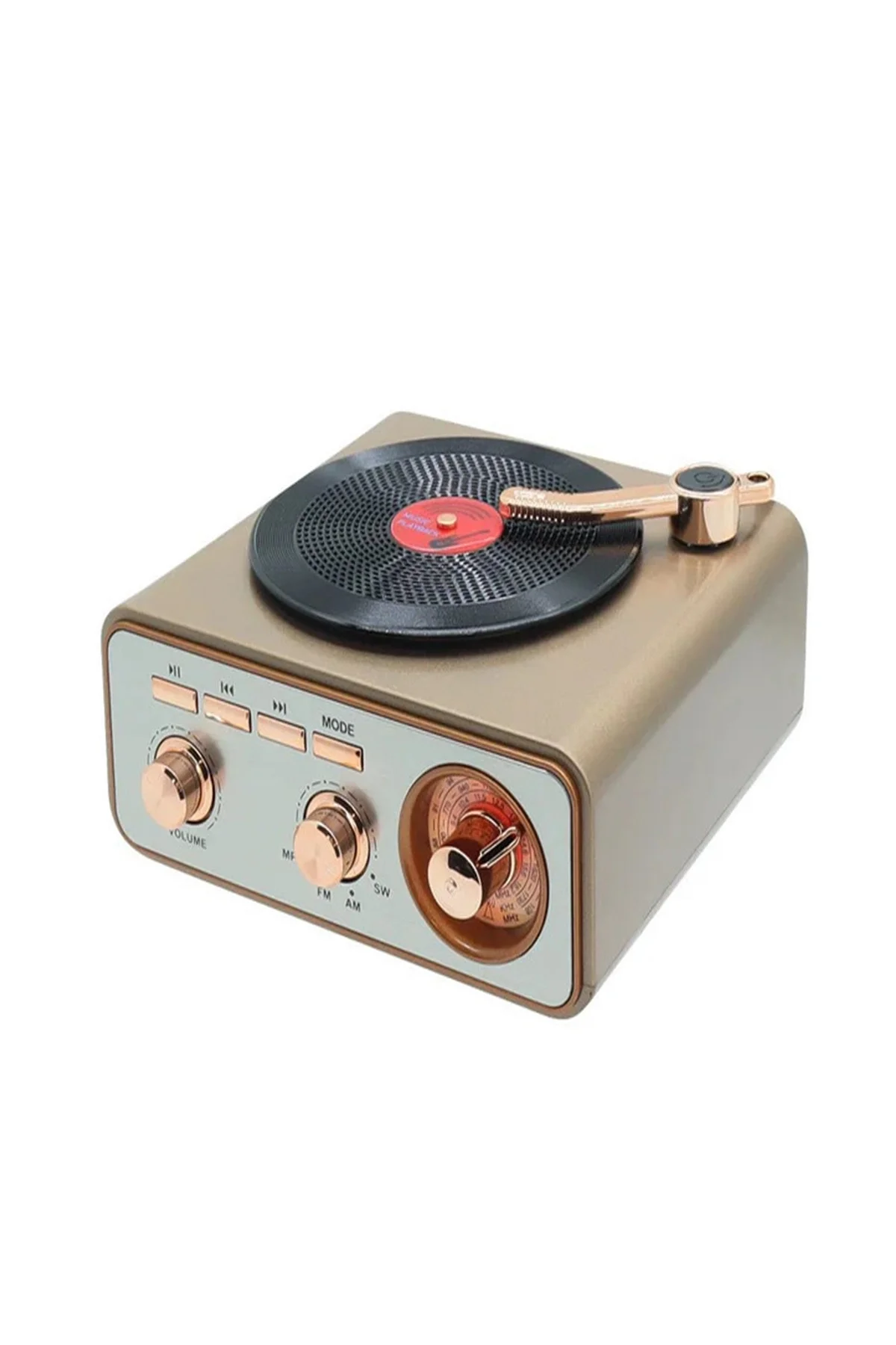 Metalik Nostaljik Tasarım Plak Çalar Görünümlü Radyolu Bluetooth Hoparlör Retro Müzik Plak görsel 3