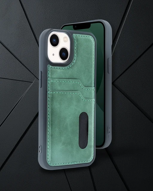 Apple İphone 14 Kılıf Sara Kartvizitli Deri Kılıf - Koyu Yeşil