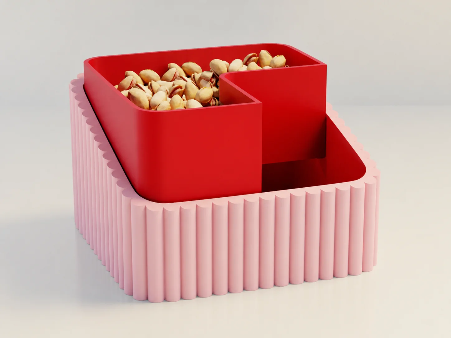 3D Baskı Fıstık Kasesi - Çift Hazneli Kabuk Ayırıcı Sunum Kasesi - Pembe Kırmızı