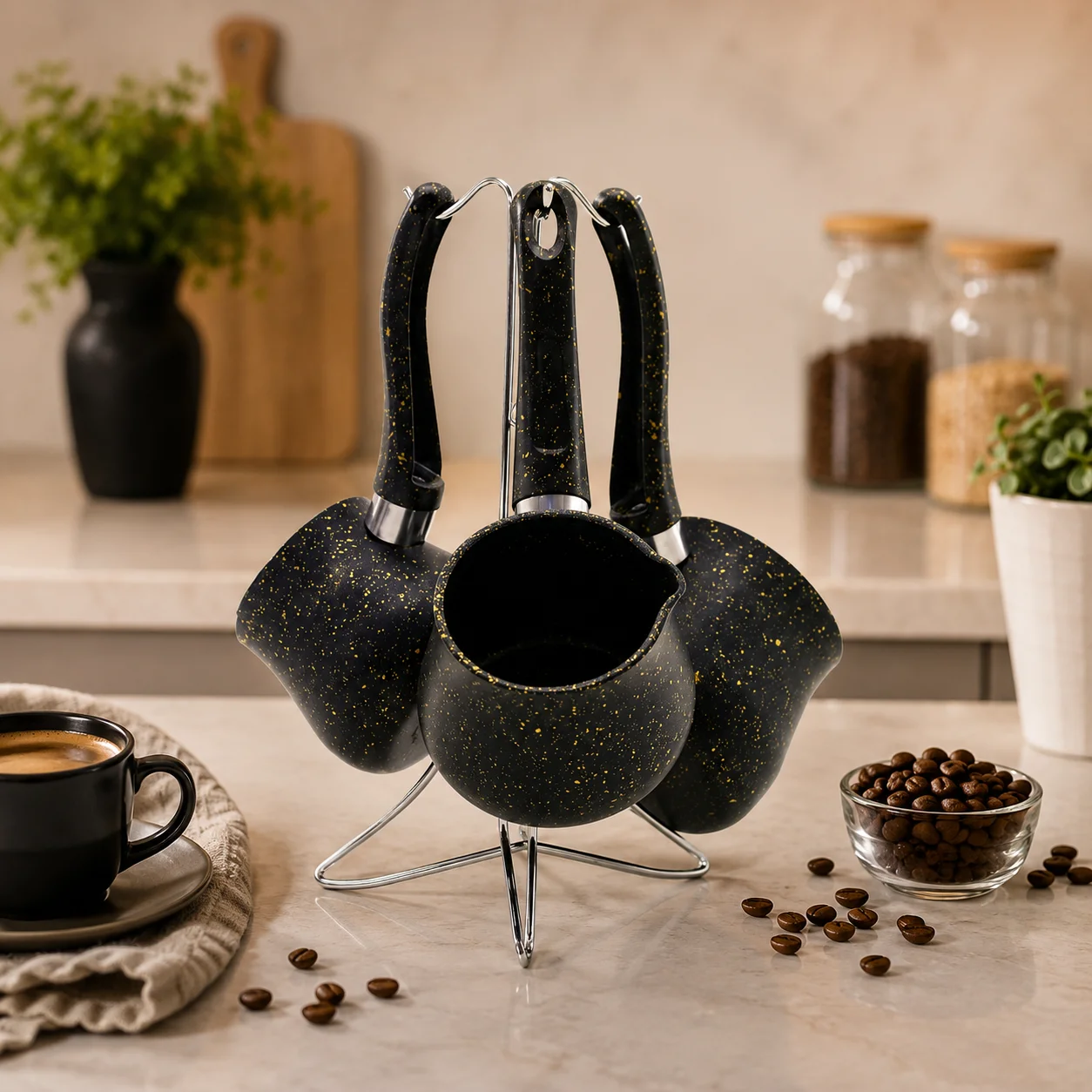 Granit Çelik Cezve Seti (230/280/380 ml) Metal Standlı görsel 4