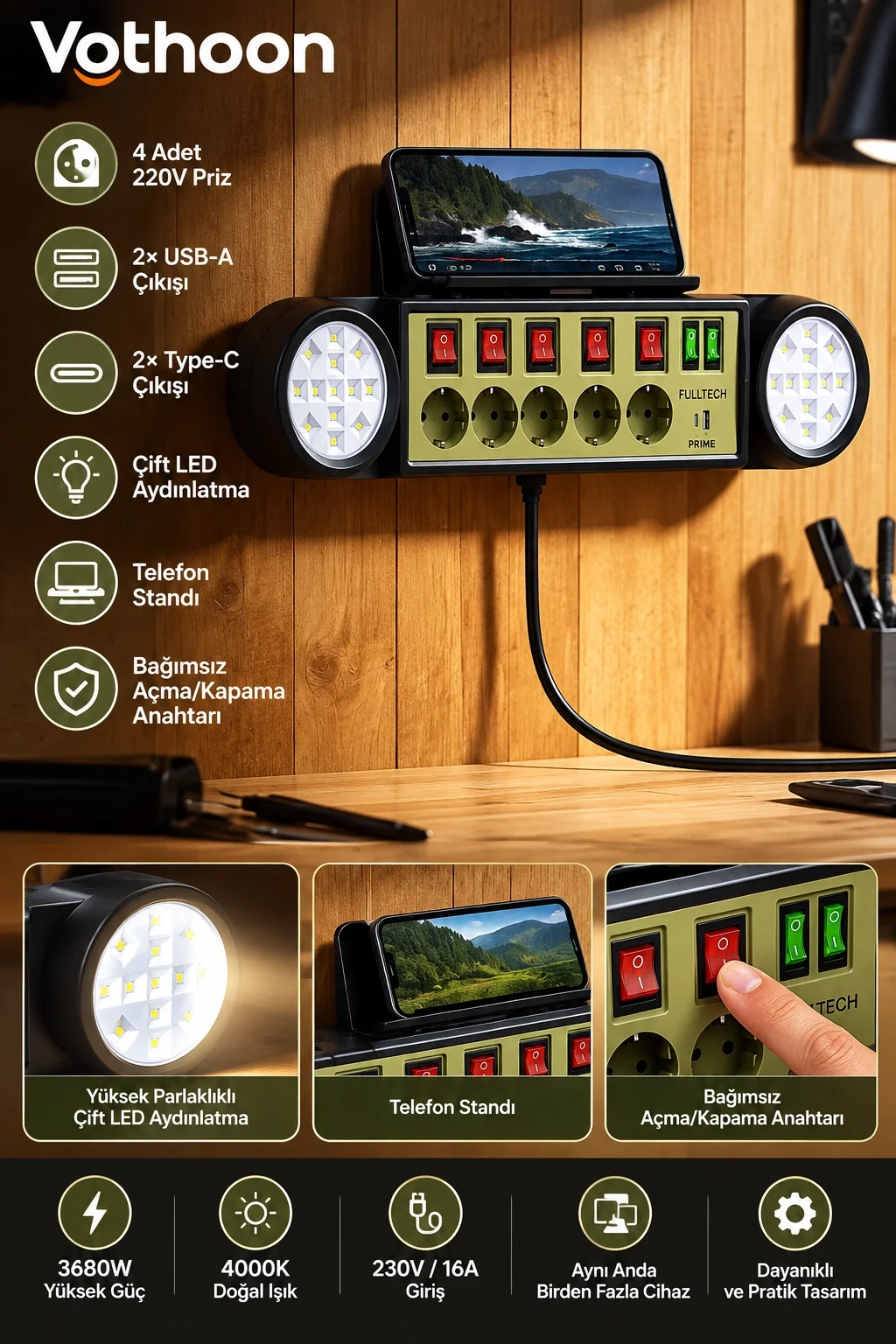 Akıllı Masaüstü Duvar Tipi Akım Korumalı 5’li Priz 3680W LED Işıklı USB-A Type-C Telefon Standlı