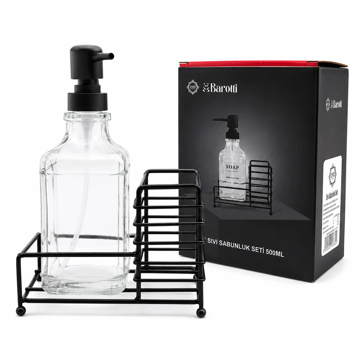 Cam Sıvı Sabunluk 500 ml Siyah Metal Stand ve Pompa görsel 2