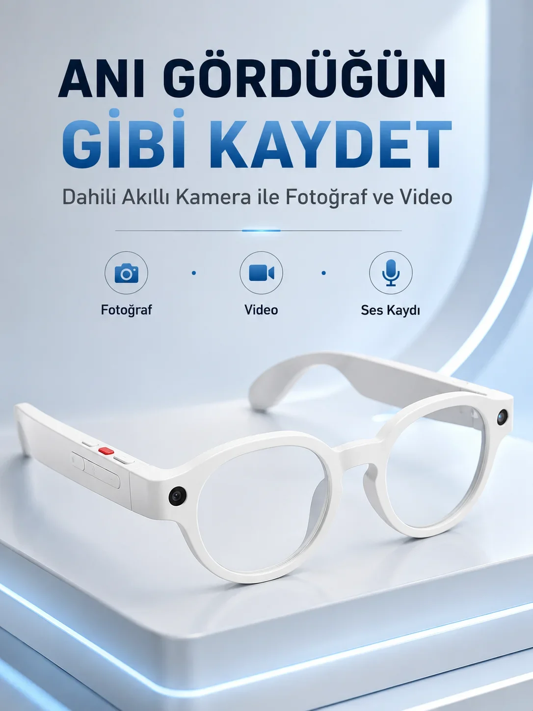 Beyaz Bluetooth Akıllı Gözlük Dahili Kameralı Fotoğraf Video Kayıt Yapay Zeka Çeviri Dokunmatik Kontrol Özellikli