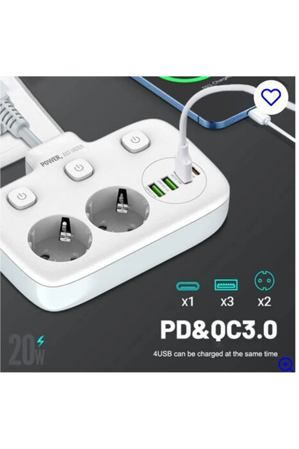Akım Korumalı 2’li Ayrı Anahtarlı Priz, 2x Priz, 3x USB, 1x Type-C, 2 mt Kablo, Hızlı Şarj görsel 2