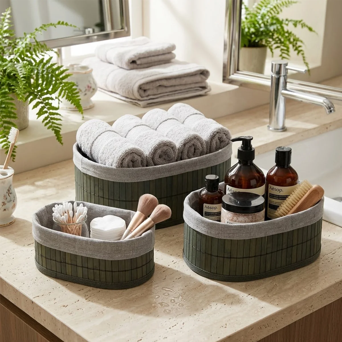 Oval Bambu Kenarlı 3'lü Organizer Sepet Seti - Gri görsel 3