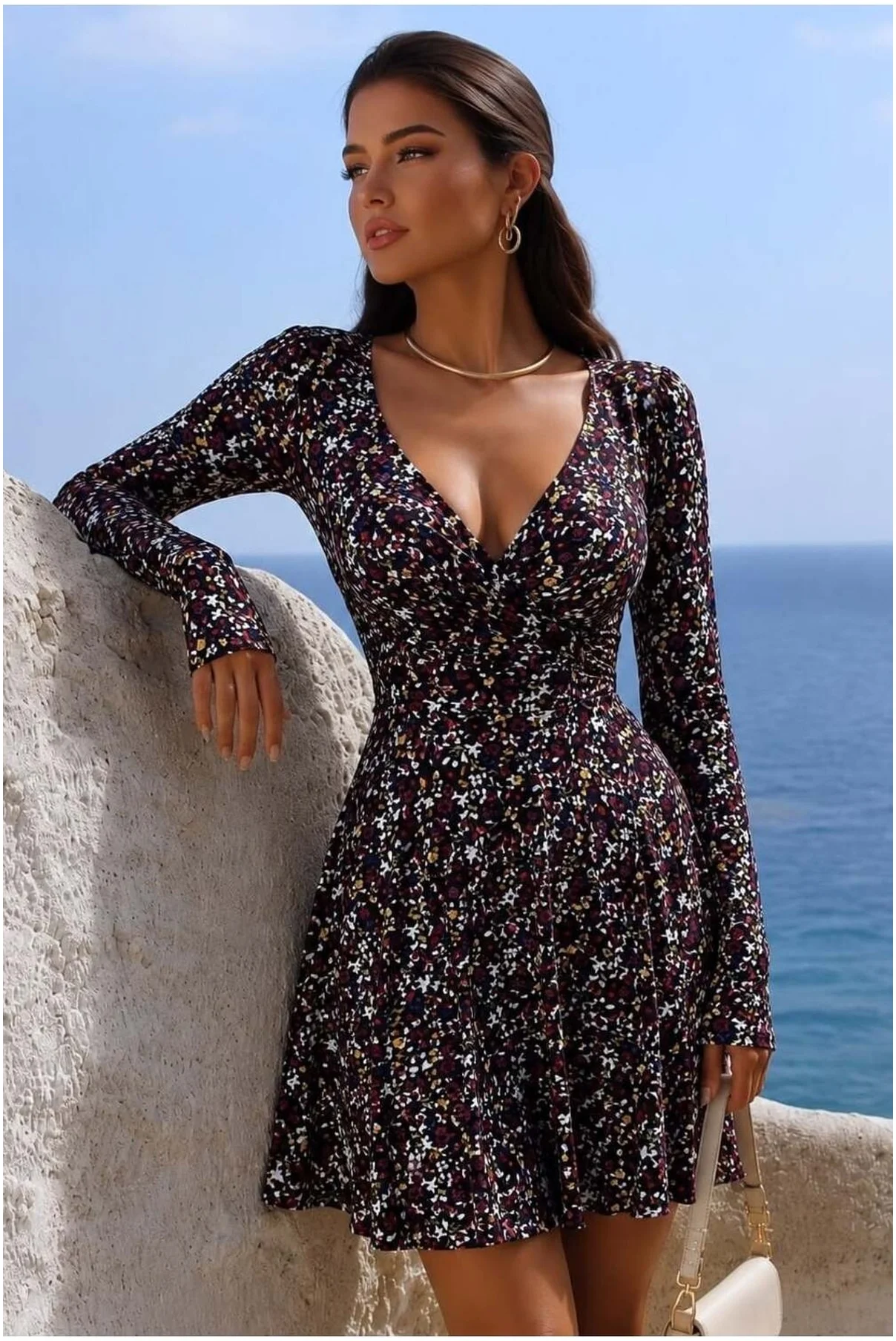 Krep Elbise Yaka Kruvaze Kumaş Kollu Uzun