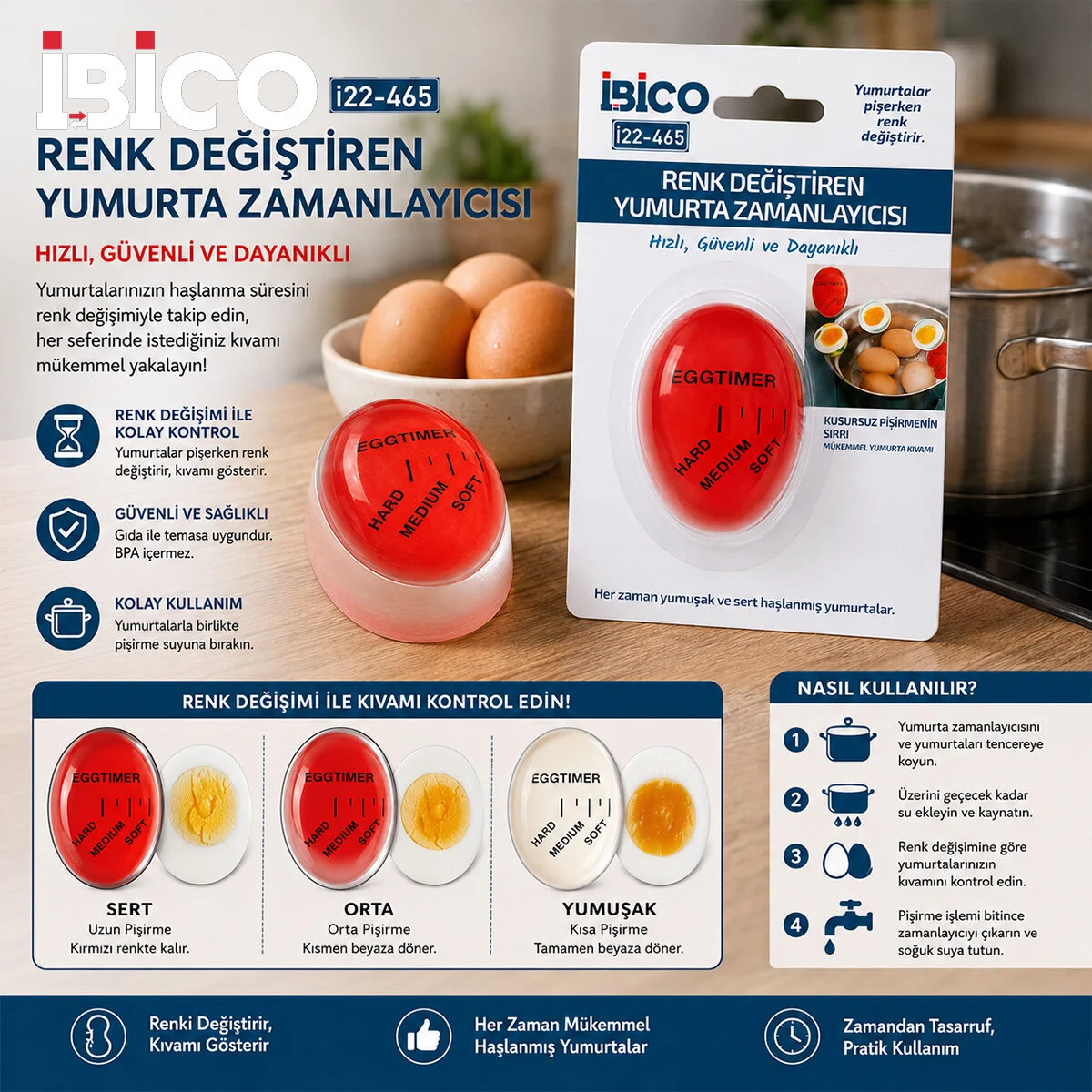 Yumurta Pişirme Zamanlayıcı Renk Değiştiren Kıvamlayıcı Sert - Orta - Yumuşak İ22-465 görsel 4