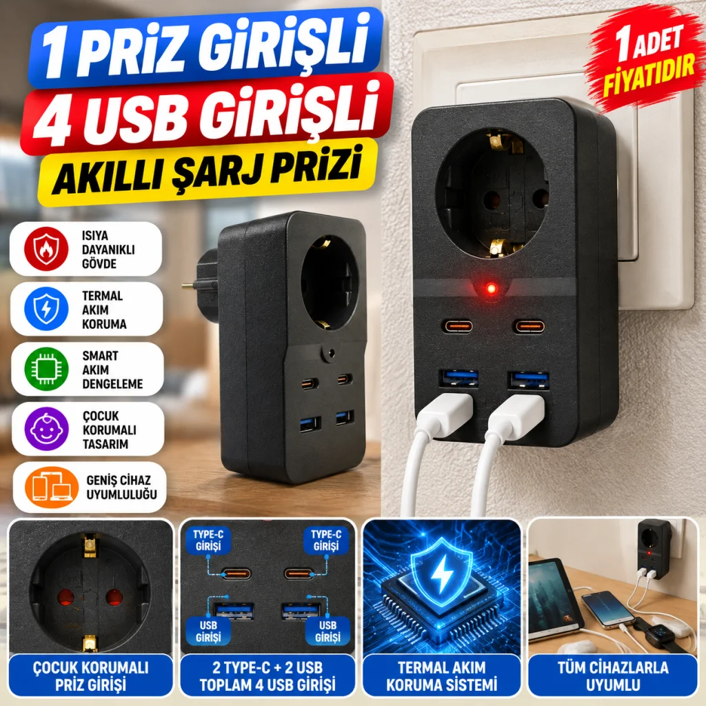 Isıya Dayanıklı Termal Akım Korumalı 1 Priz Girişli 2 USB Girişli 2 TYPE-C Girişli Pirz (adet fiyatıdır)