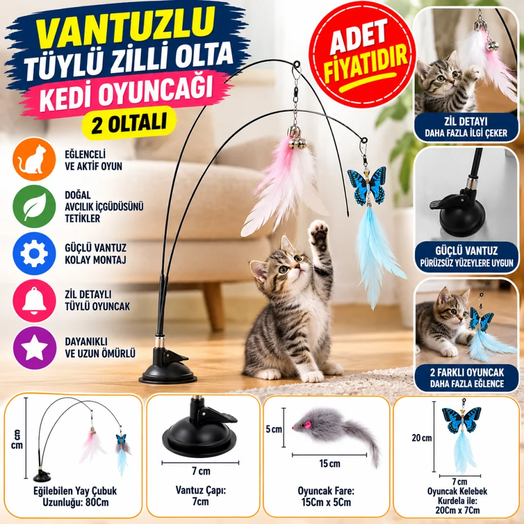 Vantuzlu Tüylü Zilli Olta Kedi Oyuncağı 2 Oltalı