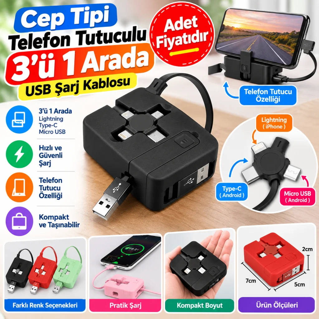 Cep Tipi Telefon Tutuculu Makaralı Uzayıp Kısalabilen 3'ü 1 Arada USB Şarj Kablosu (adet fiyatıdır)