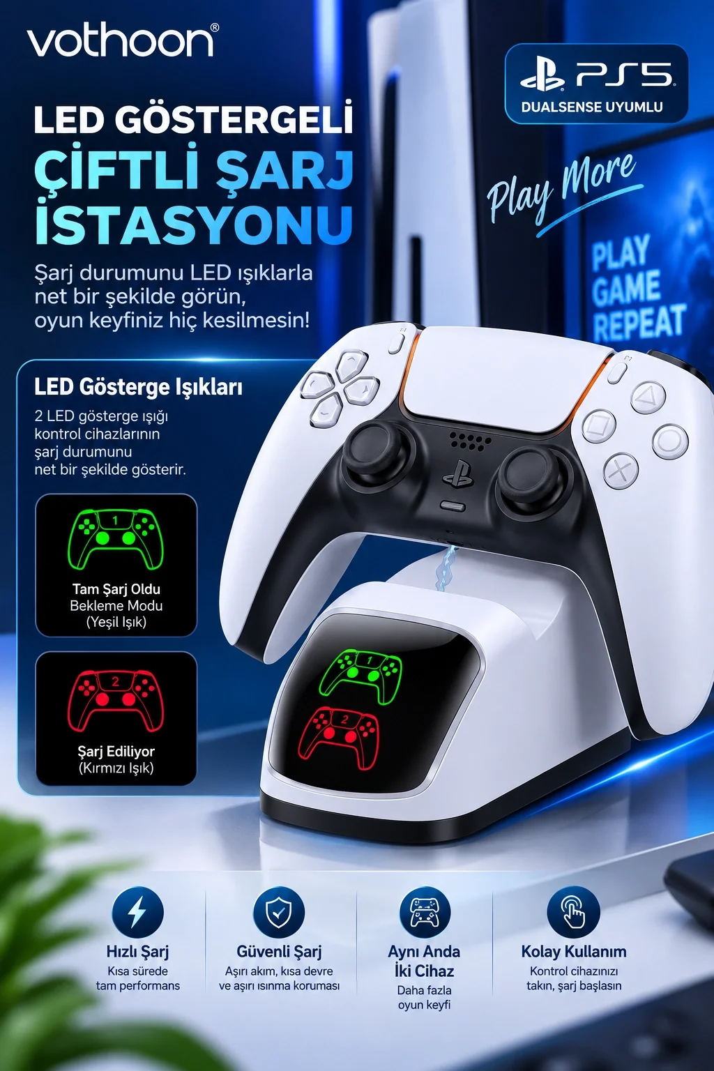 PS5 DualSense Uyumlu Çiftli Şarj İstasyonu Hızlı Şarj Standı LED Şarj Göstergeli