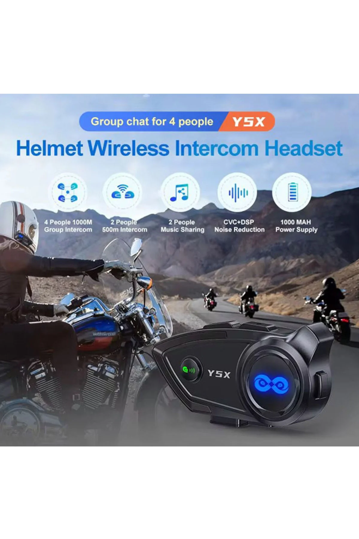 Y5X RGB Işıklı Intercom 5 Kişi Bağlantılı 1000mAh Motosiklet Bluetooth Kulaklık Seti görsel 2