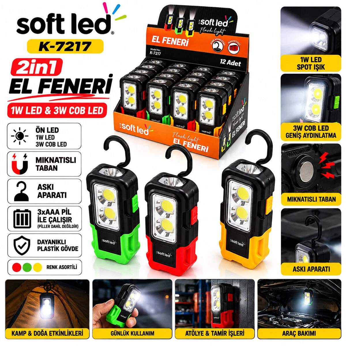 12 Adet 2IN1 Softled El Feneri 3XAAA Pilli Mıknatıslı Asma Aparatı 1W Led - 3W Cop Led K-7217 görsel 2