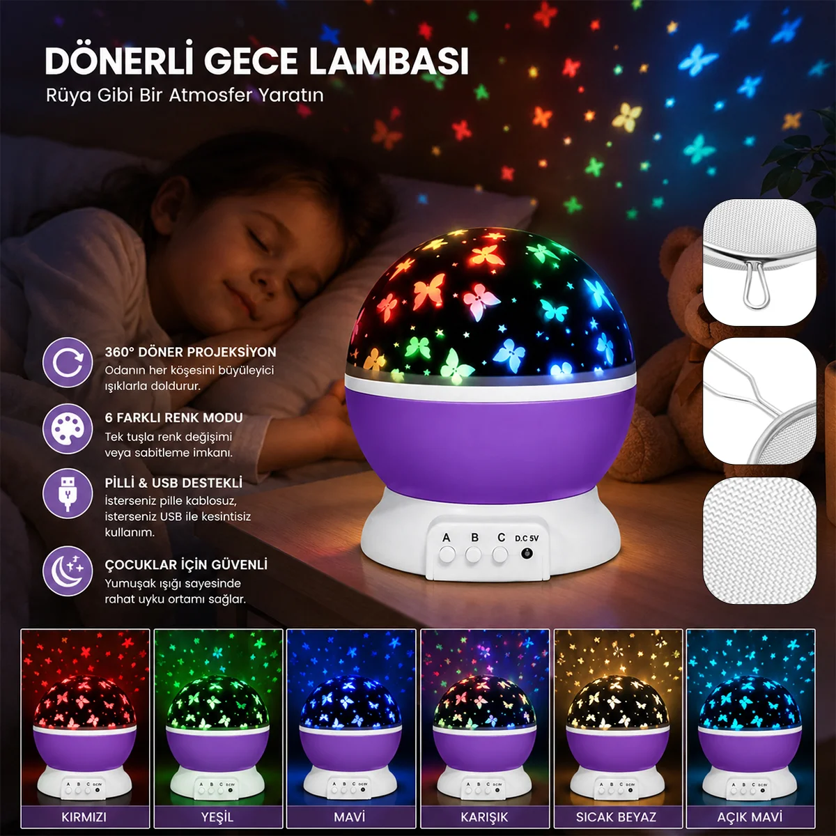 Otomatik Dönerli Ay Yıldız Projeksiyon Gece Lambası (USB & Pil) görsel 5